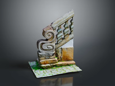 Stone Carved Railing Component with Scroll Design and Base on Green Mat 3d model
