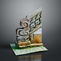 Stone Carved Railing Component with Scroll Design and Base on Green Mat