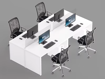 Modern White Office Desk Workstation With Computers And Ergonomic Office Chairs 3d model