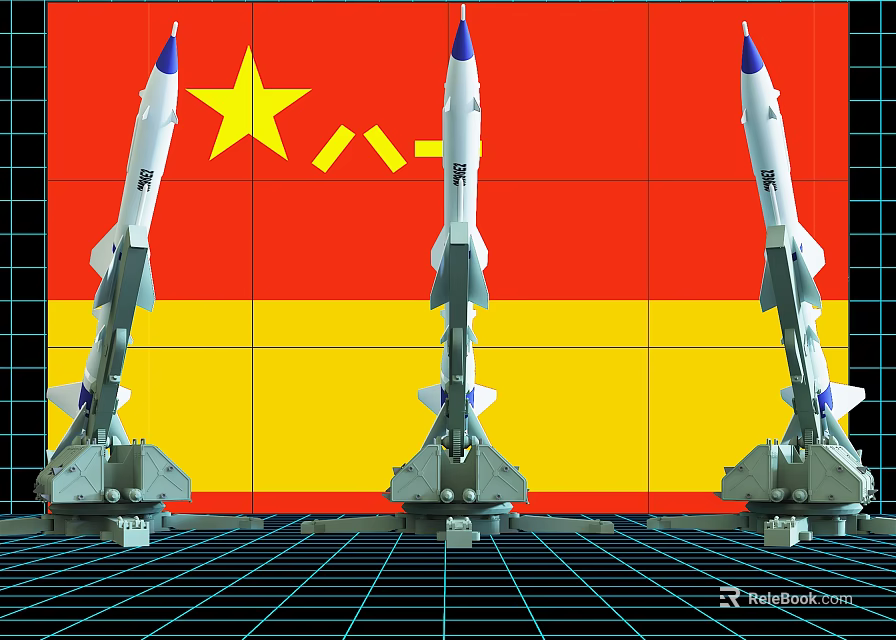 Chinese Military Missiles Display With Flag Background And Launchers 3d model