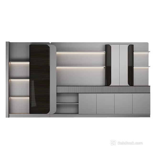 Modern File Cabinet With LED Lighting Dark Striped Panels Gray Storage And Multiple Shelves 3d model 