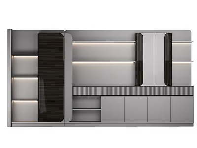 Modern File Cabinet With LED Lighting Dark Striped Panels Gray Storage And Multiple Shelves 3d model
