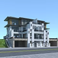 Modern Style Duplex Villa With White Exterior And Stone Base On Slope Lawn