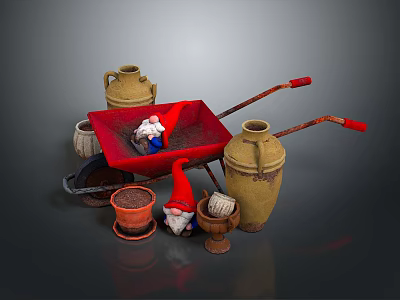 Garden Decor Arrangement With Red Wheelbarrow Ceramic Jugs Flower Pot And Gnomes 3d model