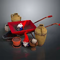 Garden Decor Arrangement With Red Wheelbarrow Ceramic Jugs Flower Pot And Gnomes