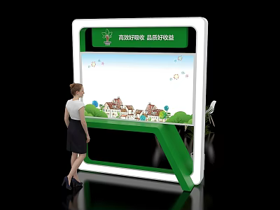 Green Themed Island Display With Friendly Community Scene And Woman Viewing 3d model