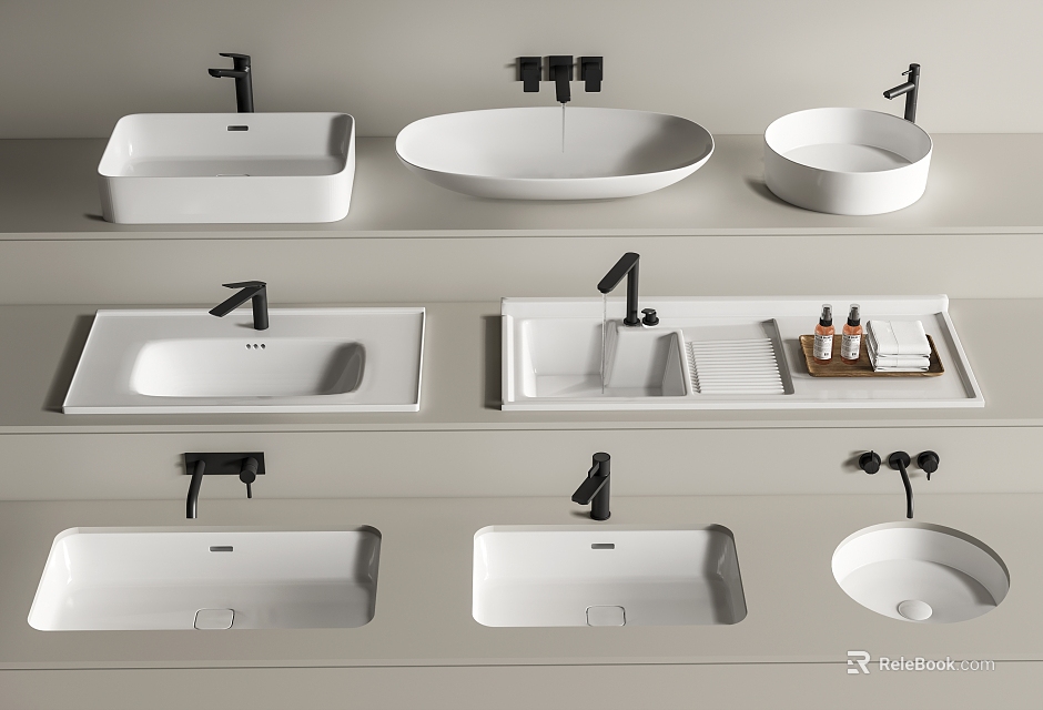 Various Modern Washbasin Designs With Different Shapes And Faucet Styles 3d model 
