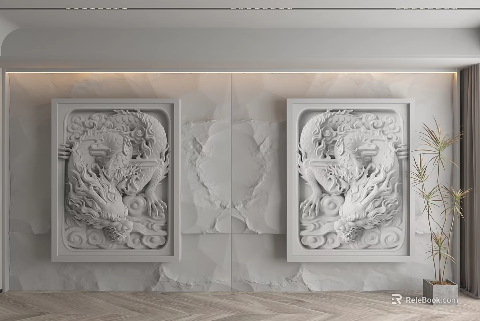 Modern White Background Wall Design With Dragon Relief Panels And Central Decor 3d model 