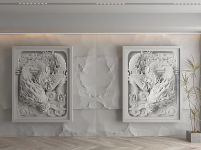 Modern White Background Wall Design With Dragon Relief Panels And Central Decor 3d model