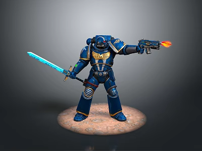 Blue Gold Armored Game Movie Character Standing With Glowing Blue Sword And Flamethrower On Base 3d model