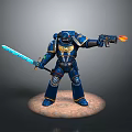 Blue Gold Armored Game Movie Character Standing With Glowing Blue Sword And Flamethrower On Base