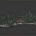 Snowy Winter Forest Scene with Tall Pine Trees and Wooden Cabins