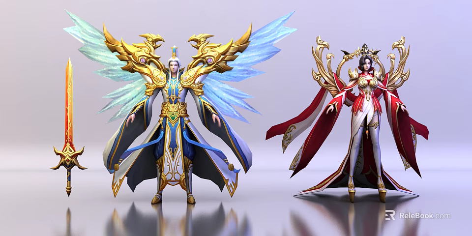 Game and Movie Characters with Ornate Blue Red Costumes and Golden Wings 3d model 