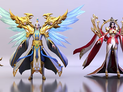 Game and Movie Characters with Ornate Blue Red Costumes and Golden Wings 3d model