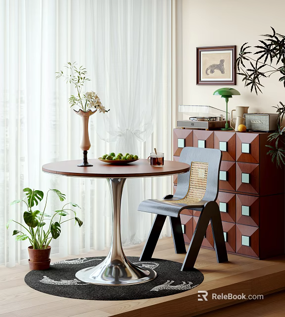Round Wooden Dining Table Set with Woven Chair Geometric Cabinet and Green Plants 3d model 