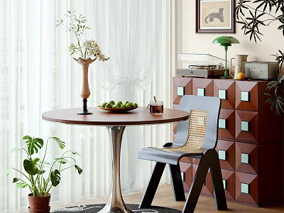 Round Wooden Dining Table Set with Woven Chair Geometric Cabinet and Green Plants 3d model