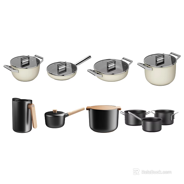 Modern Black And White Cookware Collection With Frying Pan Saucepan Soup Pot And Kettle 3d model 