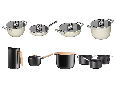 Modern Black And White Cookware Collection With Frying Pan Saucepan Soup Pot And Kettle 3d model