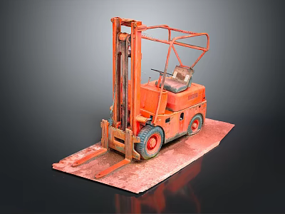 Vintage Orange Industrial Forklift Parked On Red Platform With Gray Background 3d model