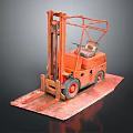 Vintage Orange Industrial Forklift Parked On Red Platform With Gray Background