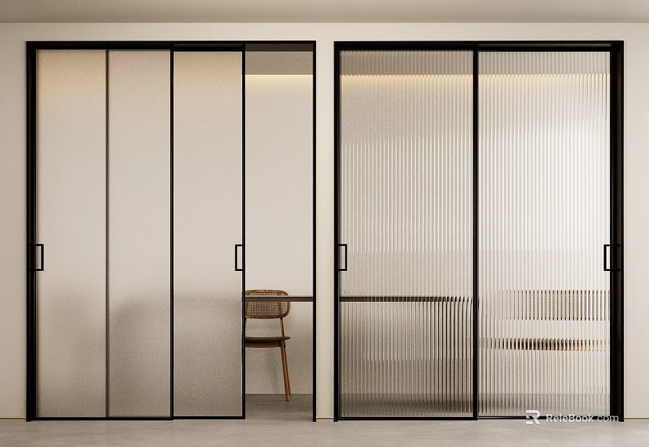 Modern Interior Space With Frosted And Ribbed Glass Partition Doors 3d model 