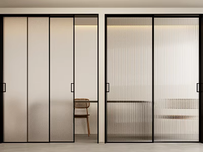 Modern Interior Space With Frosted And Ribbed Glass Partition Doors 3d model
