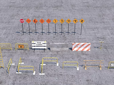 Building Components For Road Construction Including Traffic Signs Barriers Road Work Signs And Warning Signage 3d model