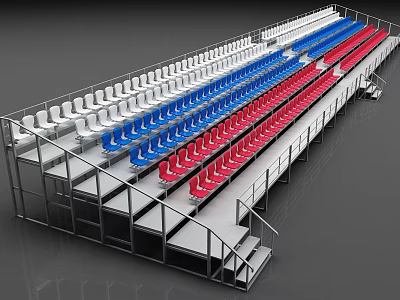 Stadium Seating With White Blue Red Chairs And Metal Frame Stairs 3d model