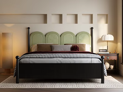 Modern Double Bed With Green Upholstered Headboard Black Frame Wall Niches Nightstand And Table Lamp 3d model