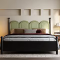 Modern Double Bed With Green Upholstered Headboard Black Frame Wall Niches Nightstand And Table Lamp