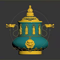 Intricate Decorative Sculpture With Teal Body Yellow Carvings Dragon Handles And Top Statue