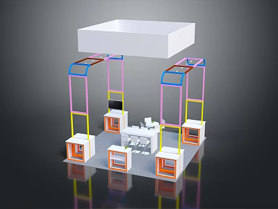 Colorful Framed Display Booth With White Top Orange Bases And White Tables 3d model