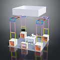 Colorful Framed Display Booth With White Top Orange Bases And White Tables