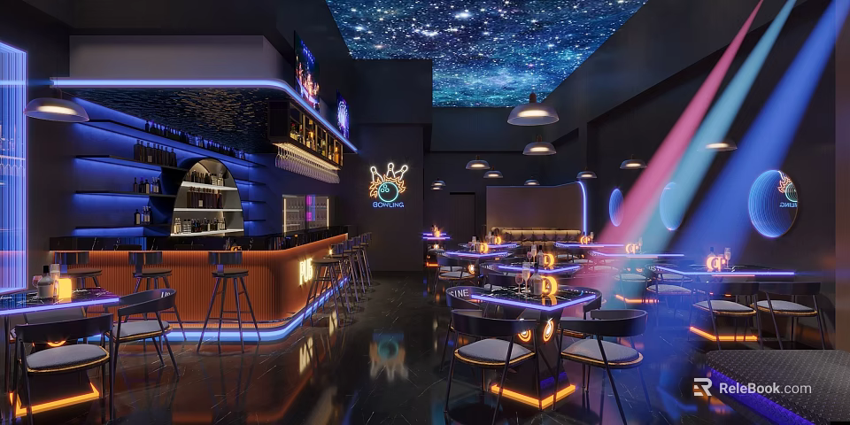Modern Bar Interior With Starry Sky Ceiling Neon Lights Bar Counter And Seating 3d model 