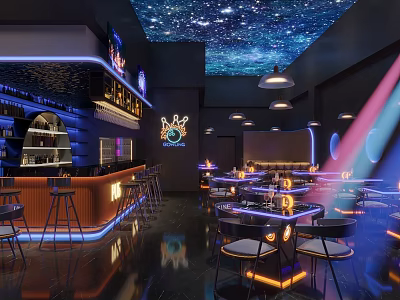 Modern Bar Interior With Starry Sky Ceiling Neon Lights Bar Counter And Seating 3d model