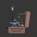 Miniature Café Scene On Trunk Base With Striped Awning Table Chairs Street Lamp And Plants