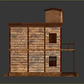 Realistic Two Story Building Model With Brick Walls Wooden Balcony Red Roof And Windows
