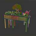 Wooden Entertainment Table With Green Surface Toy Tree Fruit Shaped Toys And Drawers