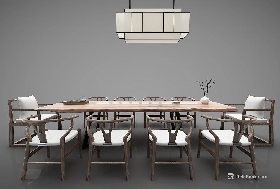 Wooden Tea Table and White Cushioned Chairs with Pendant Light Above 3d model 
