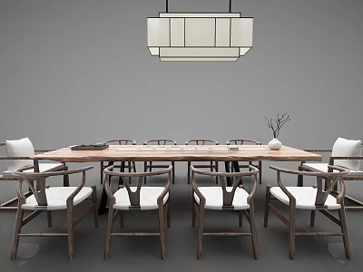 Wooden Tea Table and White Cushioned Chairs with Pendant Light Above 3d model