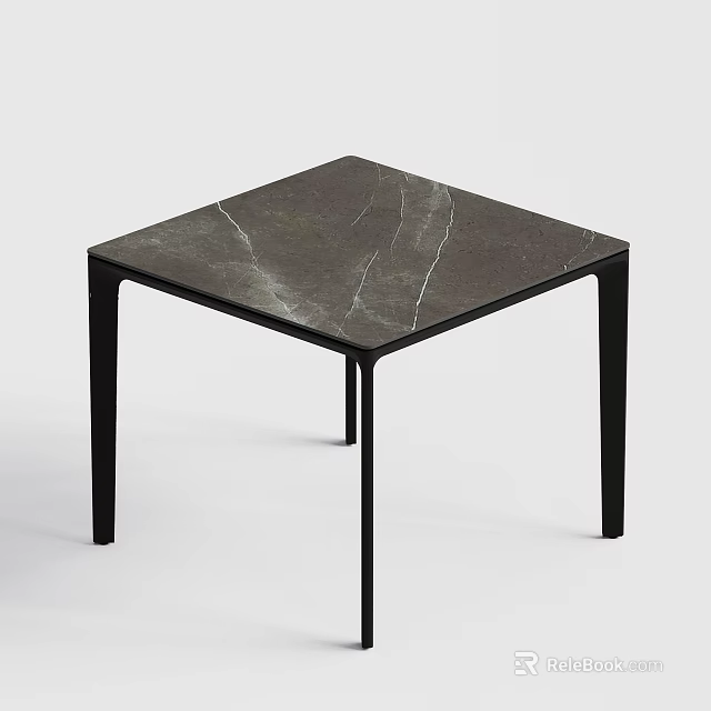 Modern Dining Table With Gray White Veined Marble Top And Black Metal Legs 3d model 