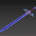 Fantasy Sword Weapon with Purple Glowing Blade and Blue Crystal Decorative Hilt