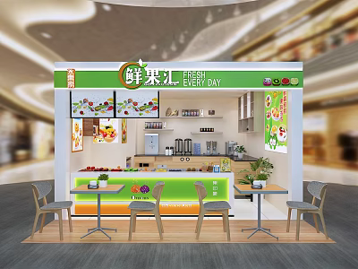 Modern Bright Fresh Fruit Store Interior With Fresh Fruits Display Counter Tables And Chairs 3d model