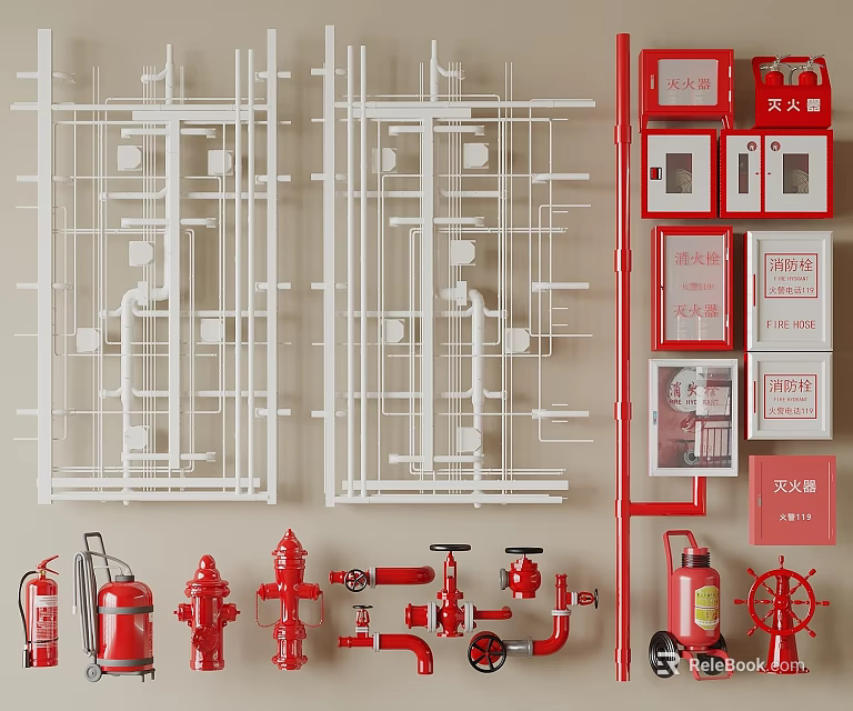 Comprehensive Fire Safety Equipment Collection Featuring Hydrants Extinguishers Pipes and Cabinets 3d model 
