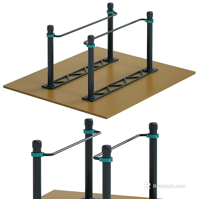 Outdoor Playground Equipment Featuring Parallel Bars Black Poles Green Connectors And Brown Platform 3d model 