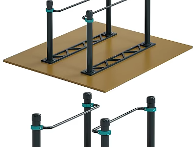 Outdoor Playground Equipment Featuring Parallel Bars Black Poles Green Connectors And Brown Platform 3d model