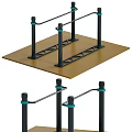 Outdoor Playground Equipment Featuring Parallel Bars Black Poles Green Connectors And Brown Platform
