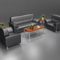Modern Black Leather Sofa And Coffee Table Set With Single Armchairs And Decorative Plants 3d model