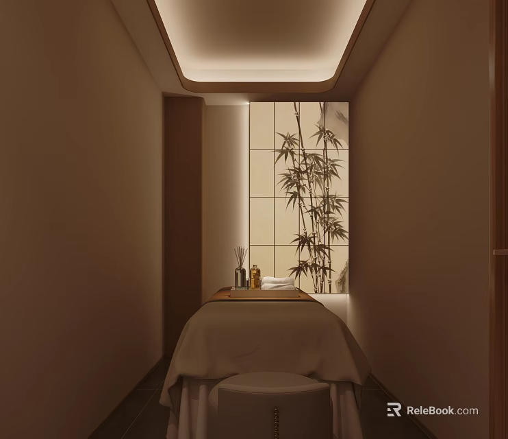 Beauty Salon Spa Treatment Room With Massage Table Bamboo Decor And Essential Oils 3d model 