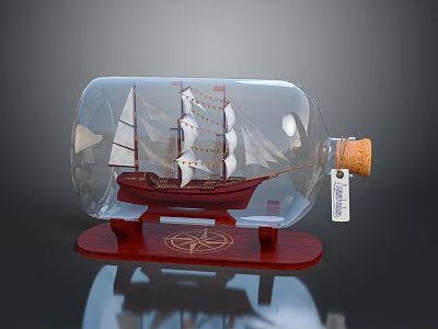 Vintage Ship Model in Glass Bottle with Wooden Base Compass Design and Cork Stopper 3d model